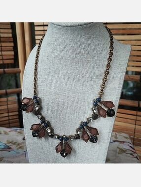 J. Crew Art Deco Revival Oxidized Brass Statement Necklace Lifesaver Clasp EUC